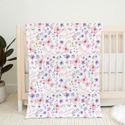 Custom Pink Butterfly Baby Name Blanket
