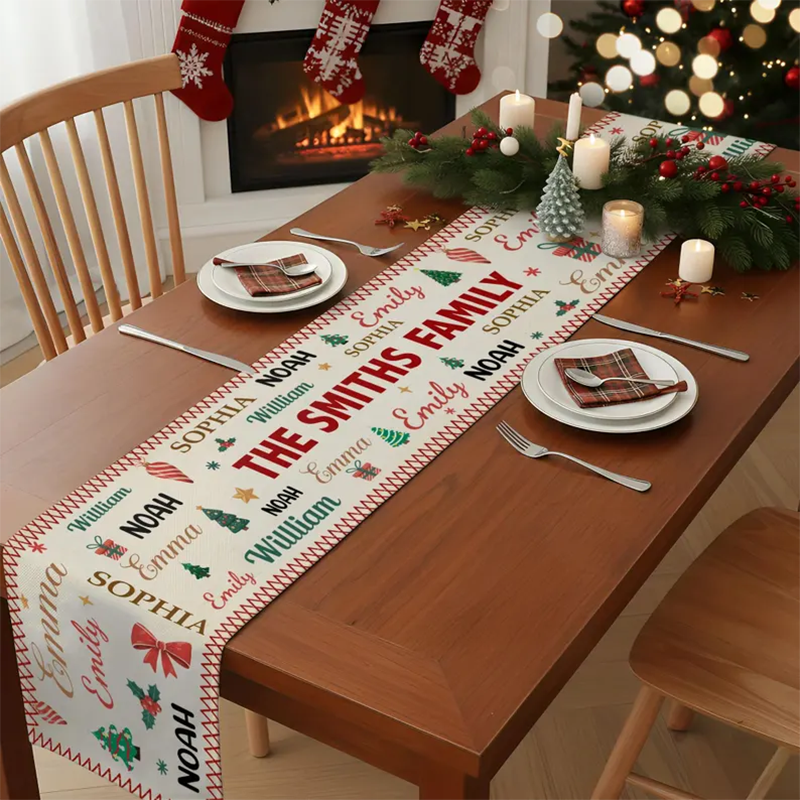 Family Name Word Christmas Theme, Personalized Table Runner