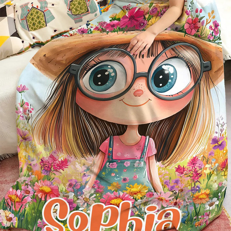 Personalized Cartoon Quirky Flower Girl Throw Blanket with Name