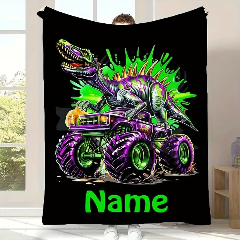 Creative Dinosaur Off-Road Truck Pattern Text Custom Flannel Print Blanket