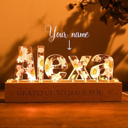 Personalized color letter dried flower resin name lamp, Custom real flower color night light