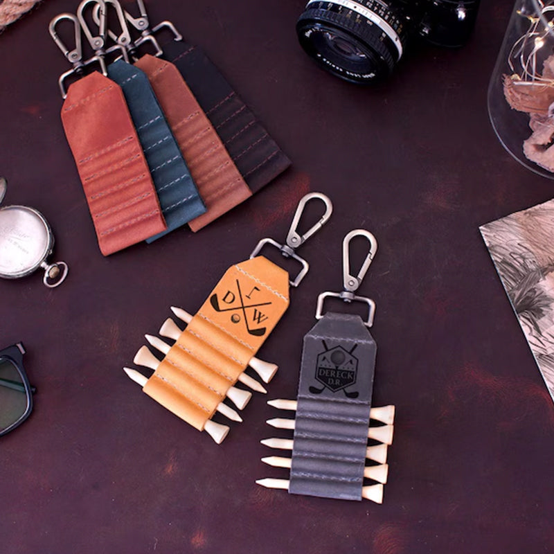 Engraved Leather Golf Bag Tag, Personalized Golf Tee Holder