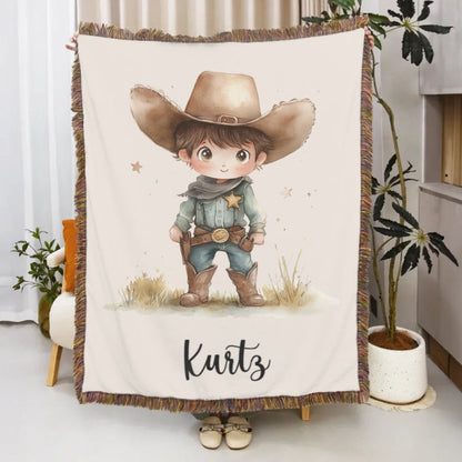 Personalized Cartoon Cowboy Tassel Blanket with Name