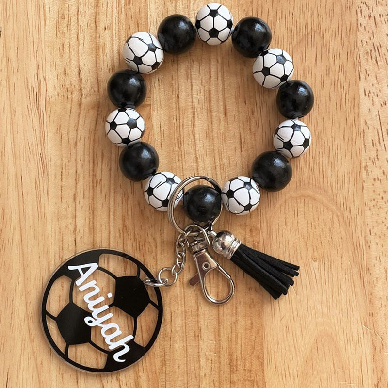 Personalized Sports Print Wristlet Wood Bead Bracelet Keychain
