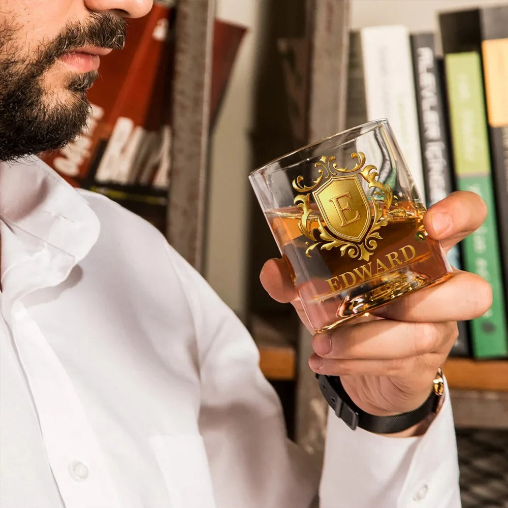 Personalized Golden Shield Initial Name Rock Whiskey Glass