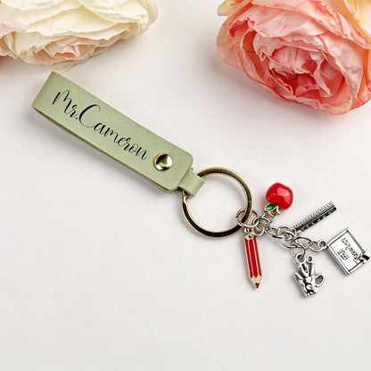 Personalized Teacher Keychain,Teacher Appreciation Gift,Custom Name Leather Keychain