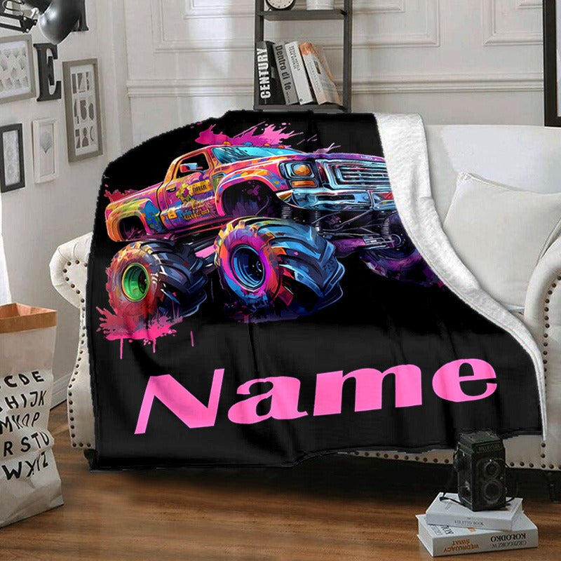 Personalized Flannel Blanket Featuring a Customized Monster Trucks