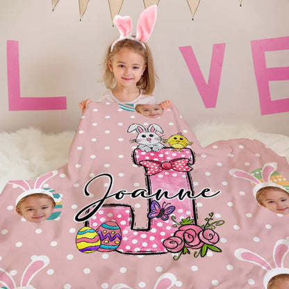 Personalized Colorful Polka Dot Bunny Chick Initial Face Photos Easter Blanket Gift for Kids