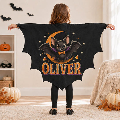 Personalized Kids Bat Cape, Custom Name Halloween Costume, Black Vampire Wings