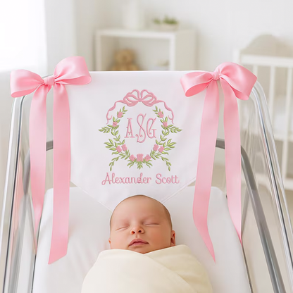 Personalized Baby Banner, Floral Crest Welcome Banner with bows