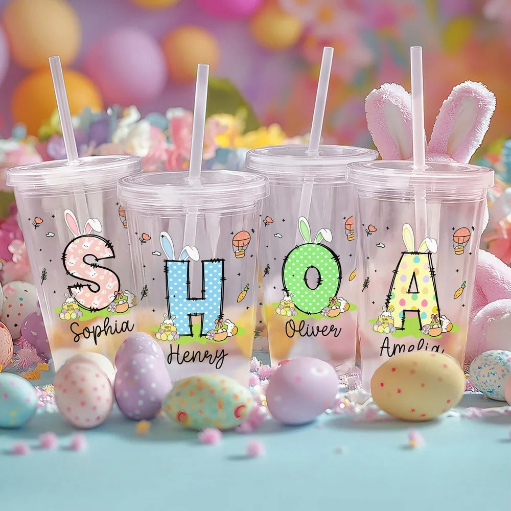 Personalized Cute Bunny 16 oz Easter Straw Water Bottle with Nam