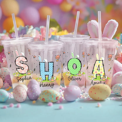 Personalized Cute Bunny 16 oz Easter Straw Water Bottle with Nam