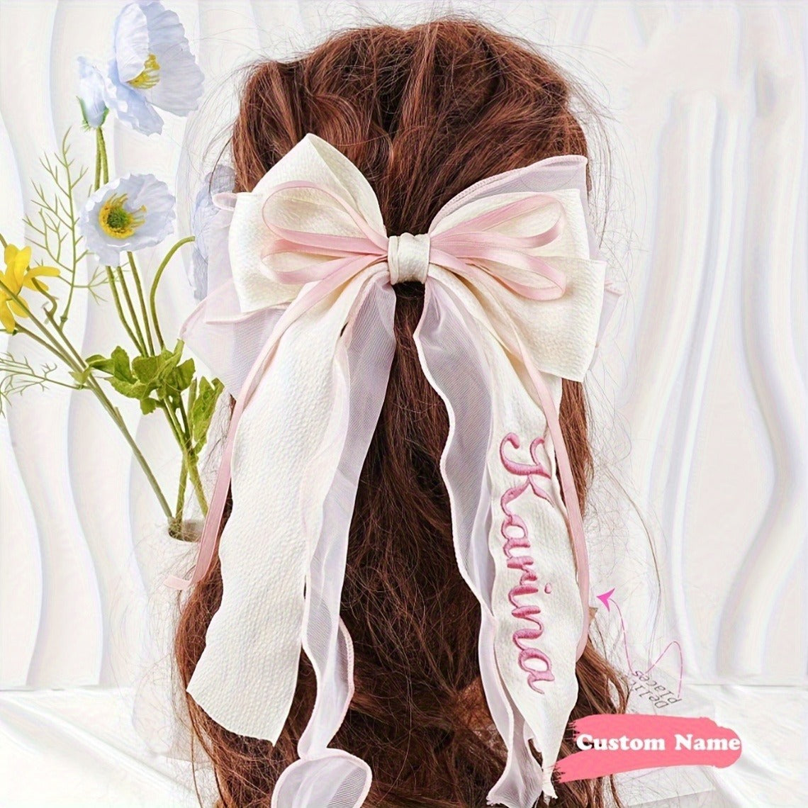 Customizable Pink Bow Hair Clip for - Personalized Name Embroidery