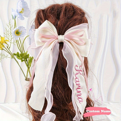 Customizable Pink Bow Hair Clip for - Personalized Name Embroidery