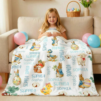 Personalized Cute Easter Bunny Duck Sheep Word Cloud Soft Throw Blanket