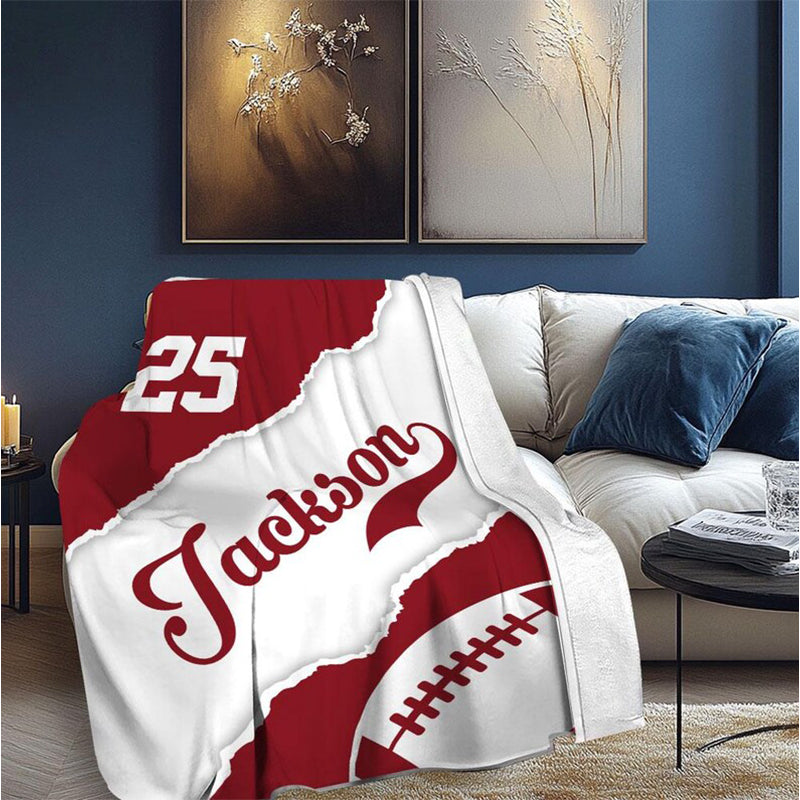 Personalized Football Blanket, Custom Name Number Sport Gift for Dad, Son, Boy, Kid, Team