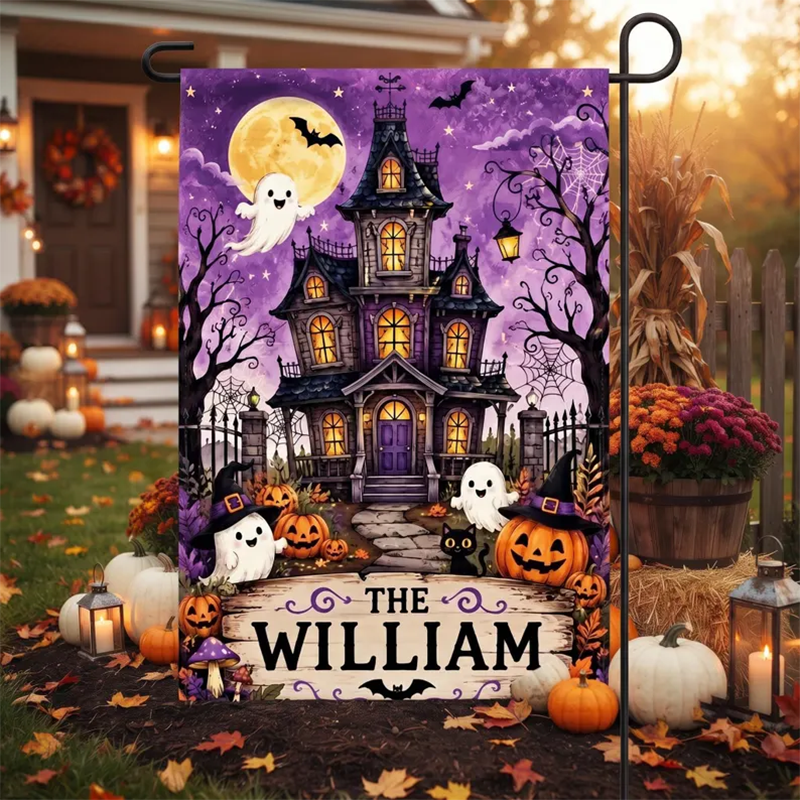 Personalized Halloween Garden Flag, Custom Haunted House Yard Sign