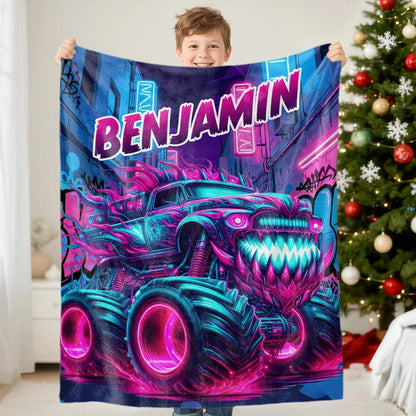 Personalized Monster Neon Truck Throw Blanket