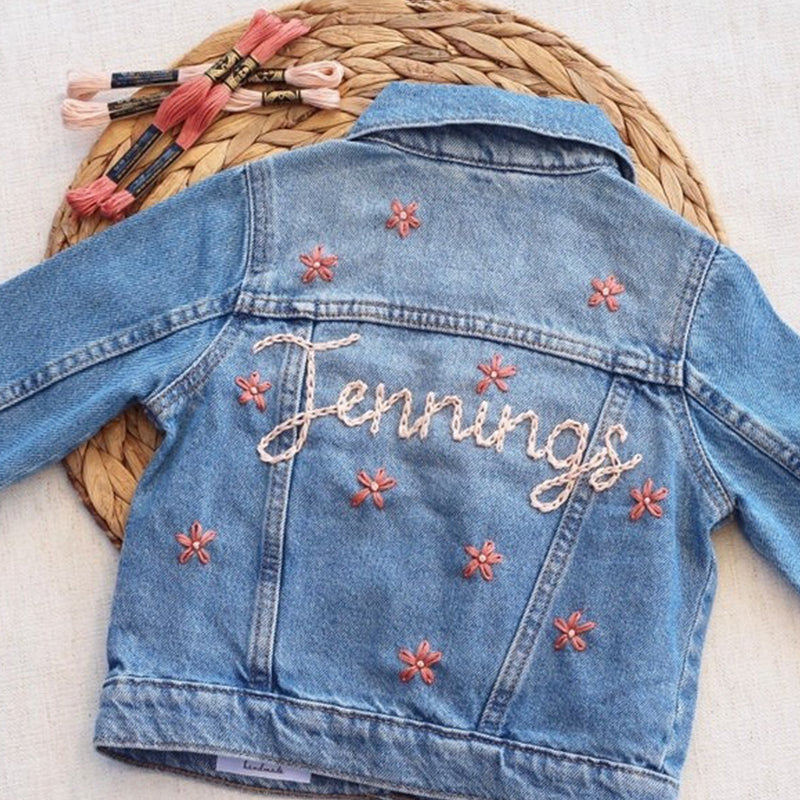 Custom Hand Embroidered ， Hand Lettered Denim Jacket Toddler, Kid Sizes