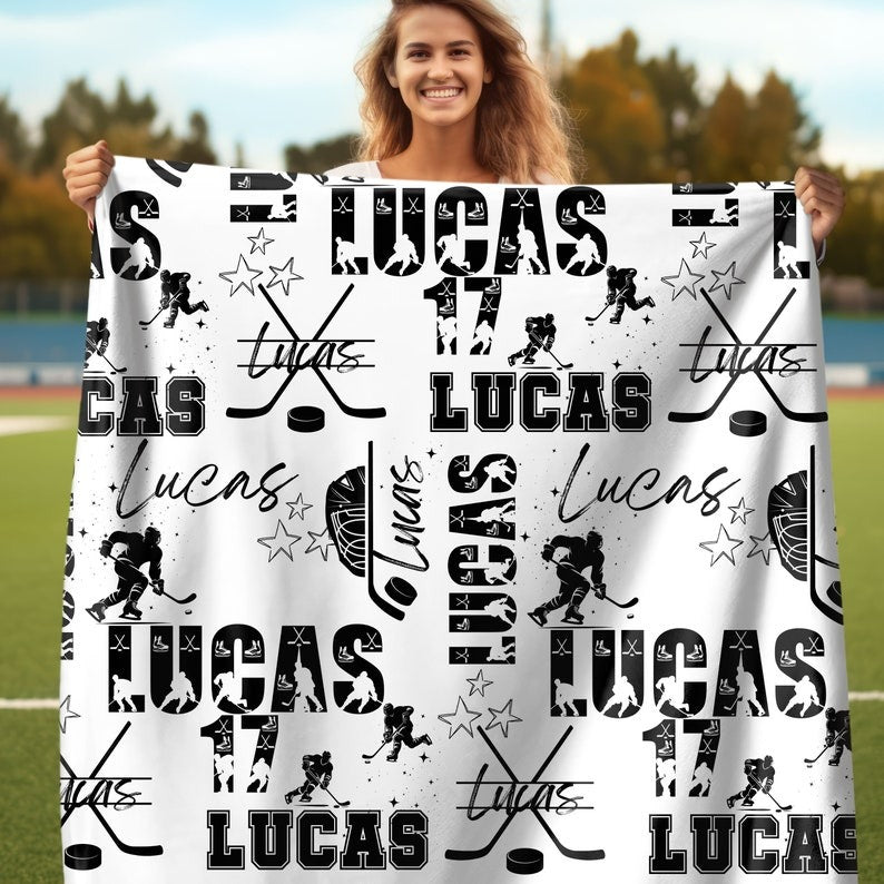 Ice Hockey Boy Personalized Blanket, Custom Name Hockey Throw