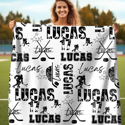 Ice Hockey Boy Personalized Blanket, Custom Name Hockey Throw