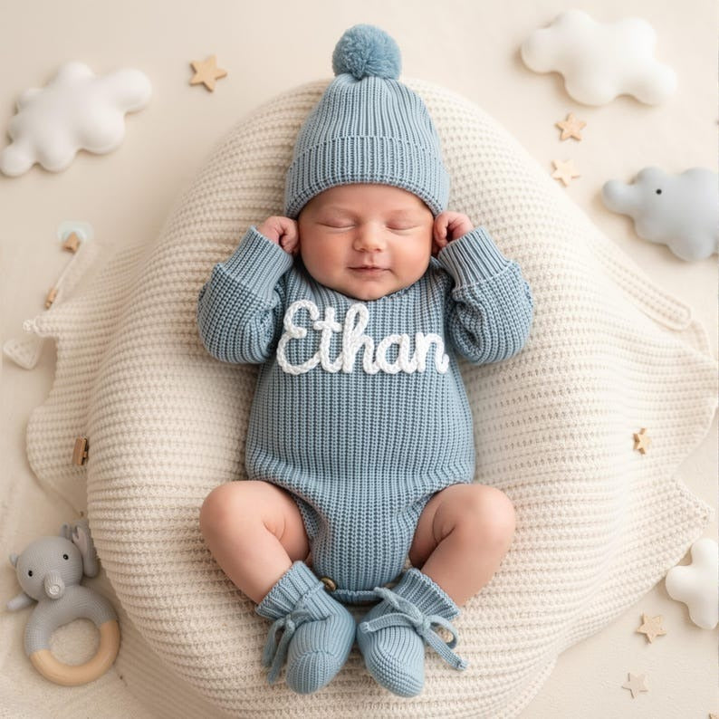 Hand Embroidered Name Baby Romper Set,Personalized Outfit
