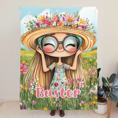 Personalized Cartoon Quirky Flower Girl Throw Blanket with Name