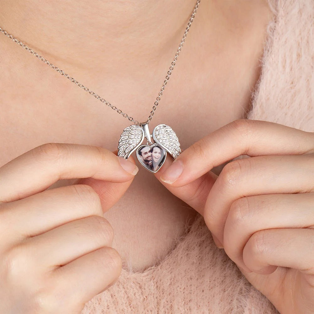 Personalized  Angel Wing Photo Locket Necklace