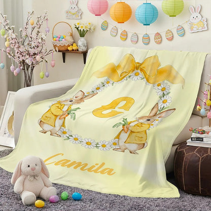 Personalized Easter Watercolor Bunny Bow Wreath Blanket