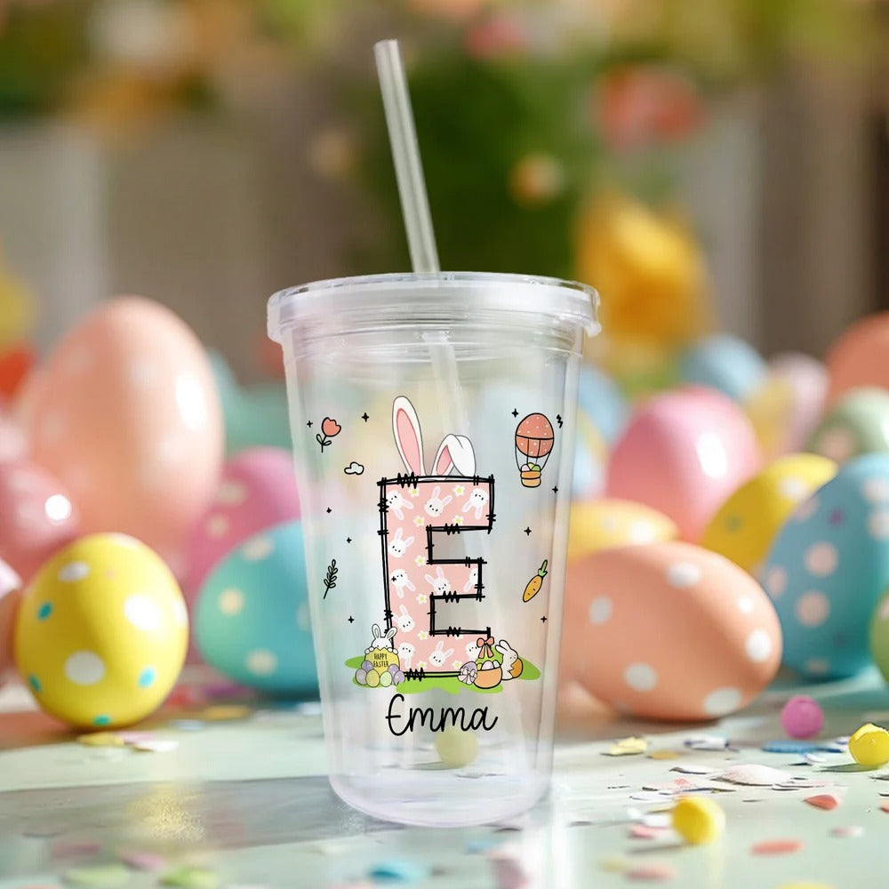 Personalized Cute Bunny 16 oz Easter Straw Water Bottle with Nam