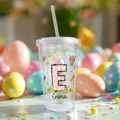 Personalized Cute Bunny 16 oz Easter Straw Water Bottle with Nam