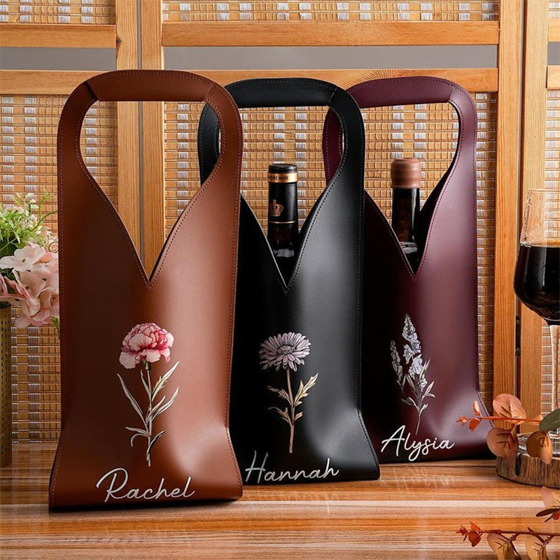 Personalized Birth Flower Leather Wine Bag with Name and Handle Protective Wine Accessories