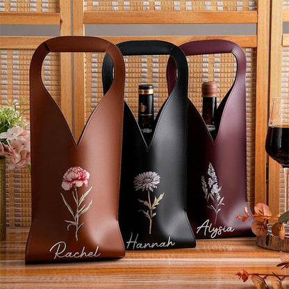 Personalized Birth Flower Leather Wine Bag with Name and Handle Protective Wine Accessories