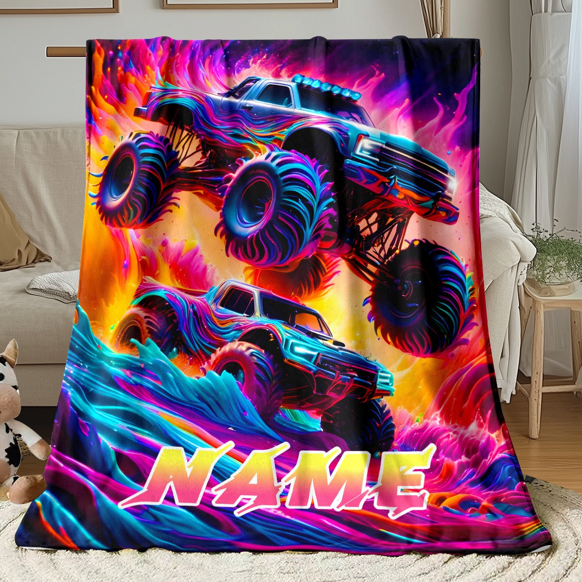Custom Name Monster Truck Flannel Blanket - Vibrant Oil Painting Design