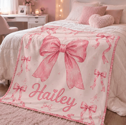 Custom Name Bow Blanket for Girls, Pink Coquette Blanket, girly Blanket
