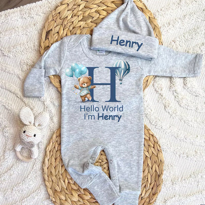 Personalized baby coming home outfit, romper hat set,