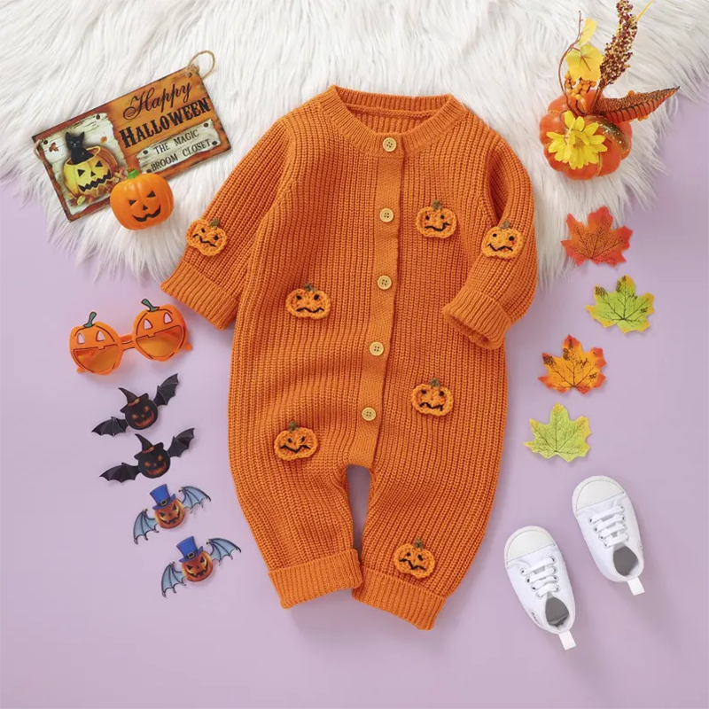 Custom Name Back Baby Halloween Romper, 3D Pumpkin Knit Jumpsuit