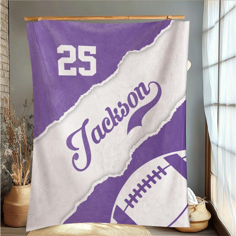 Personalized Football Blanket, Custom Name Number Sport Gift for Dad, Son, Boy, Kid, Team