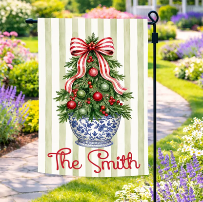 Striped Christmas Tree Flag Personalized Garden Flag Holiday Decor Custom Family Name