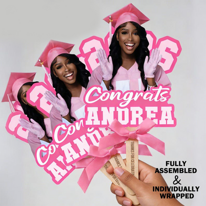 Custom Graduation Face Fan With Wooden Handle