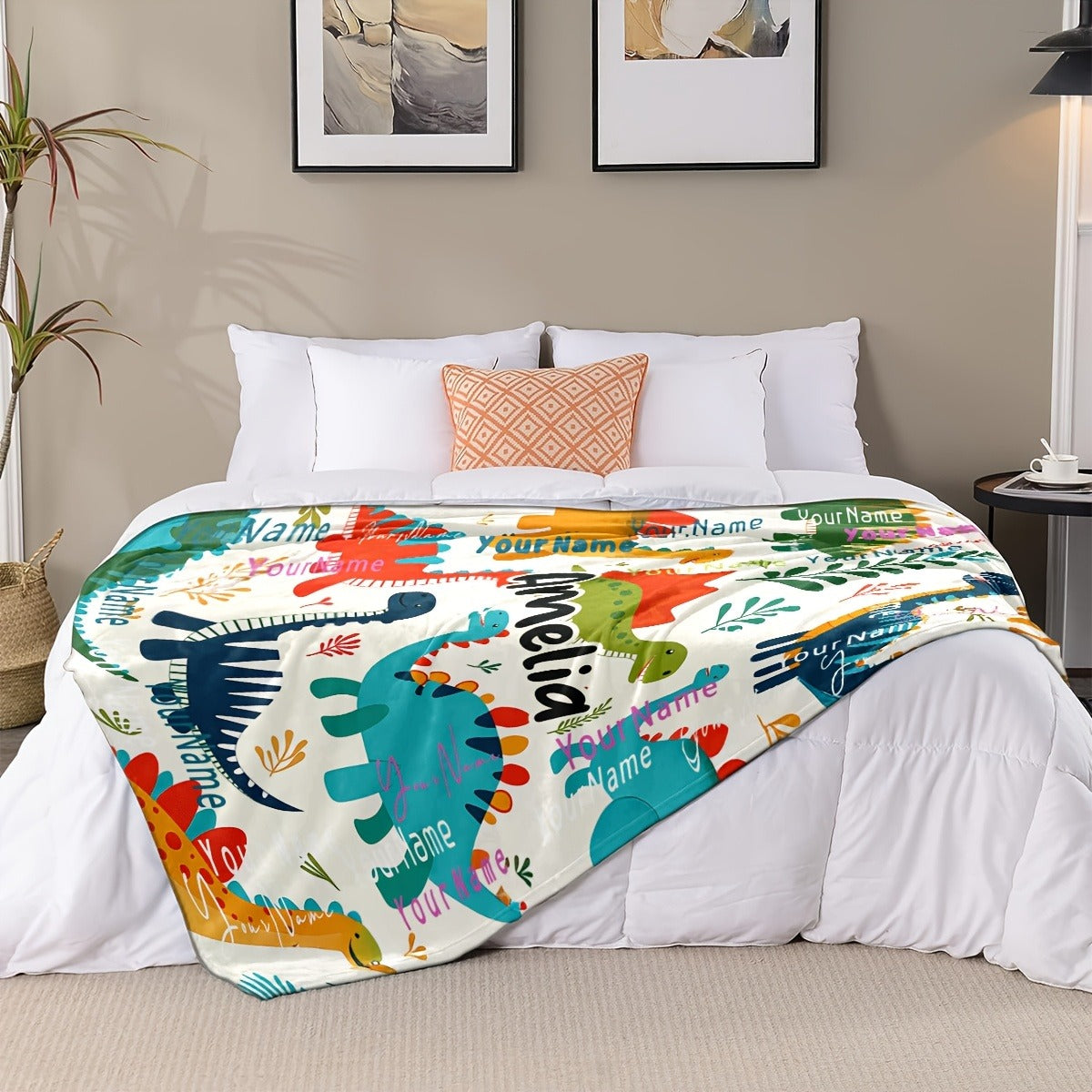 Text Custom Dinosaur Jurassic Cartoon Plant  Custom Name Personalized Blanket