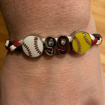 Custom Leather Softball Bracelets with Jersey Numbers, Softball Jewelry, Selected Colors, Softball Team Bracelets, Other Sports Available