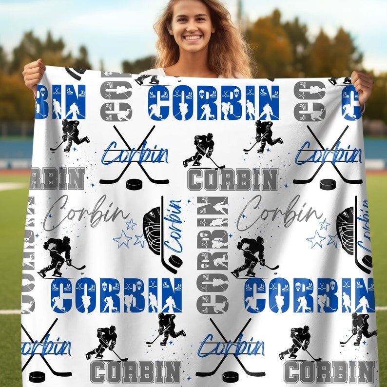 Ice Hockey Boy Personalized Blanket, Custom Name Hockey Throw