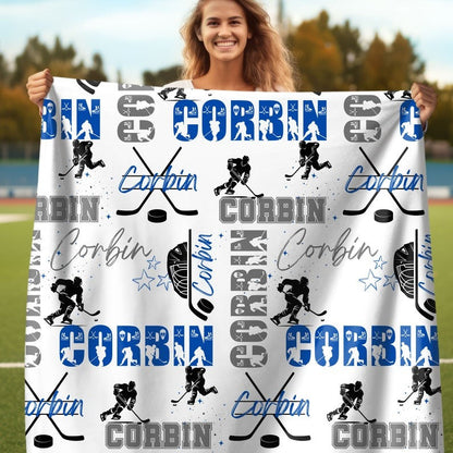 Ice Hockey Boy Personalized Blanket, Custom Name Hockey Throw