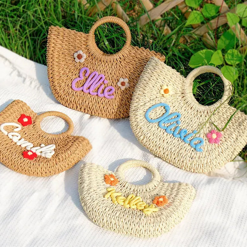 Custom Straw Beach Bag, Bridesmaid Beach Bag Flower Girl Basket