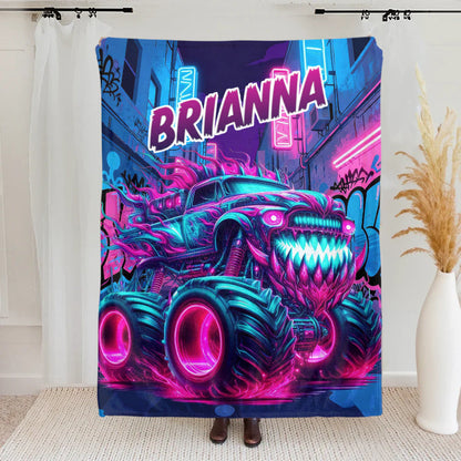 Personalized Monster Neon Truck Throw Blanket