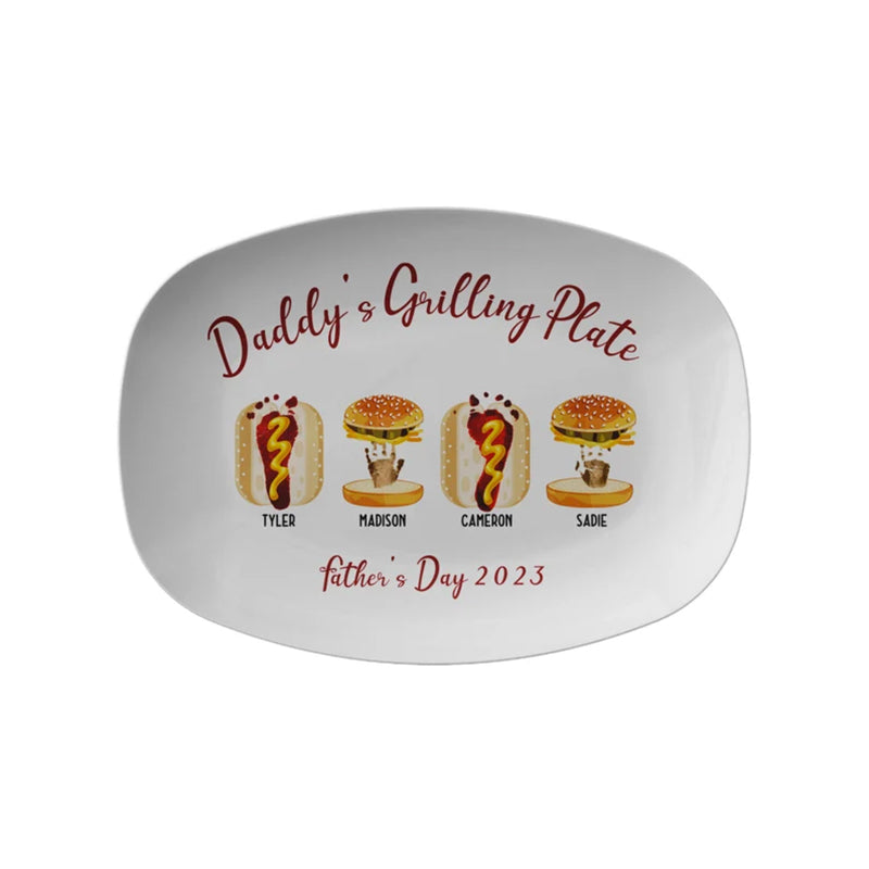 Personalized Handprint and Footprint Grilling Plate with Burger, Hot Dog Custom Father's Day Gift