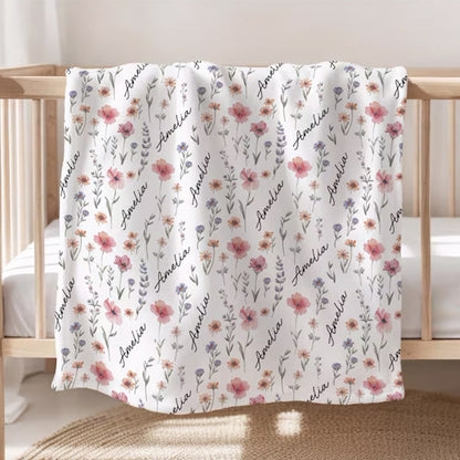 Personalized Wildflower Baby Blanket, Custom Baby Name Blanket