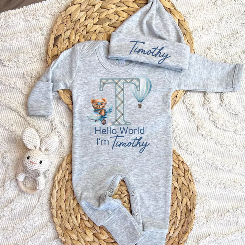 Personalized baby coming home outfit, romper hat set,