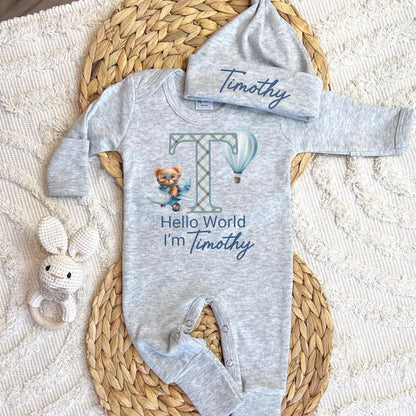 Personalized baby coming home outfit, romper hat set,
